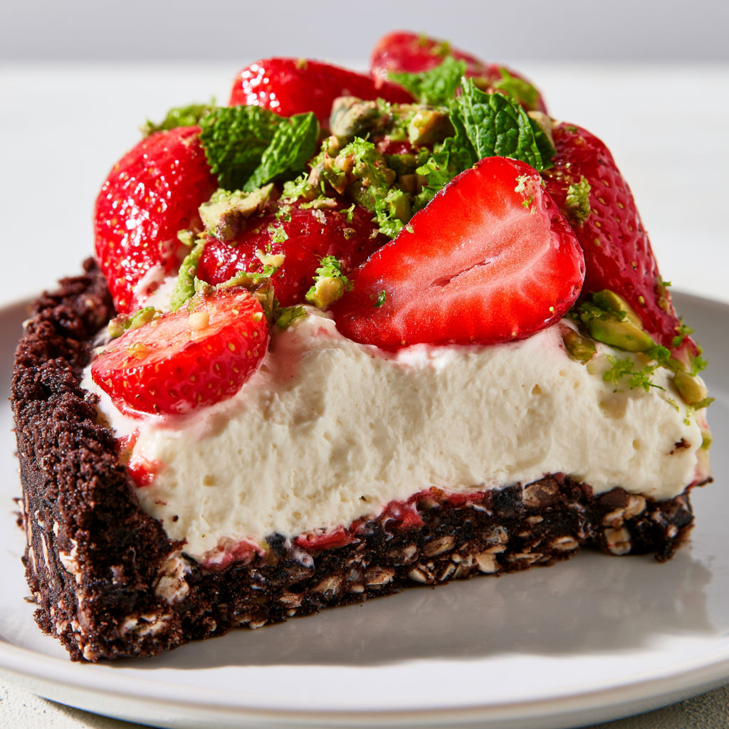 Dessert frais fraise sans cuisson base croustillante crème légère et fruitée.