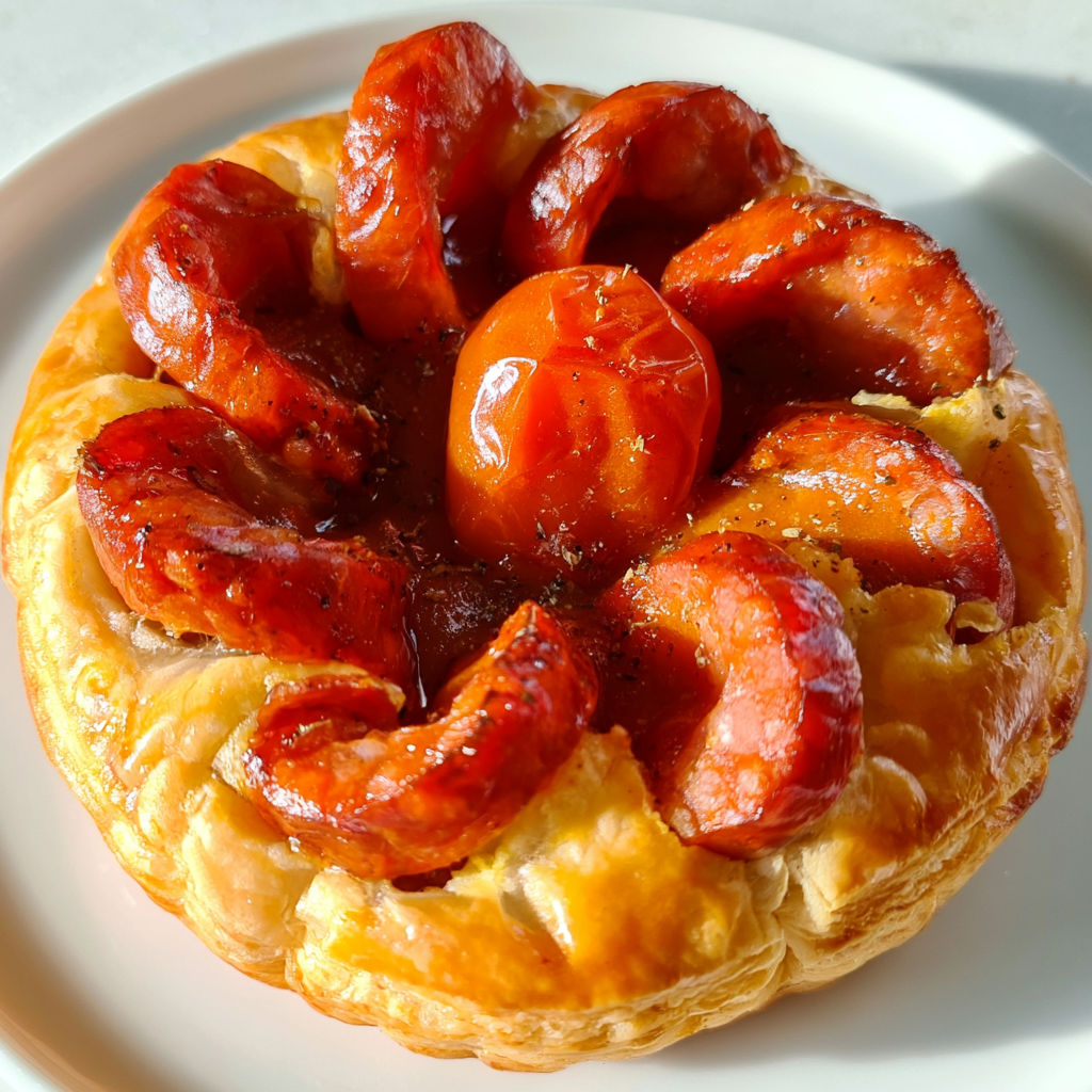 Un feuilleté garni de tomates cerise et chorizo bien croustillant.