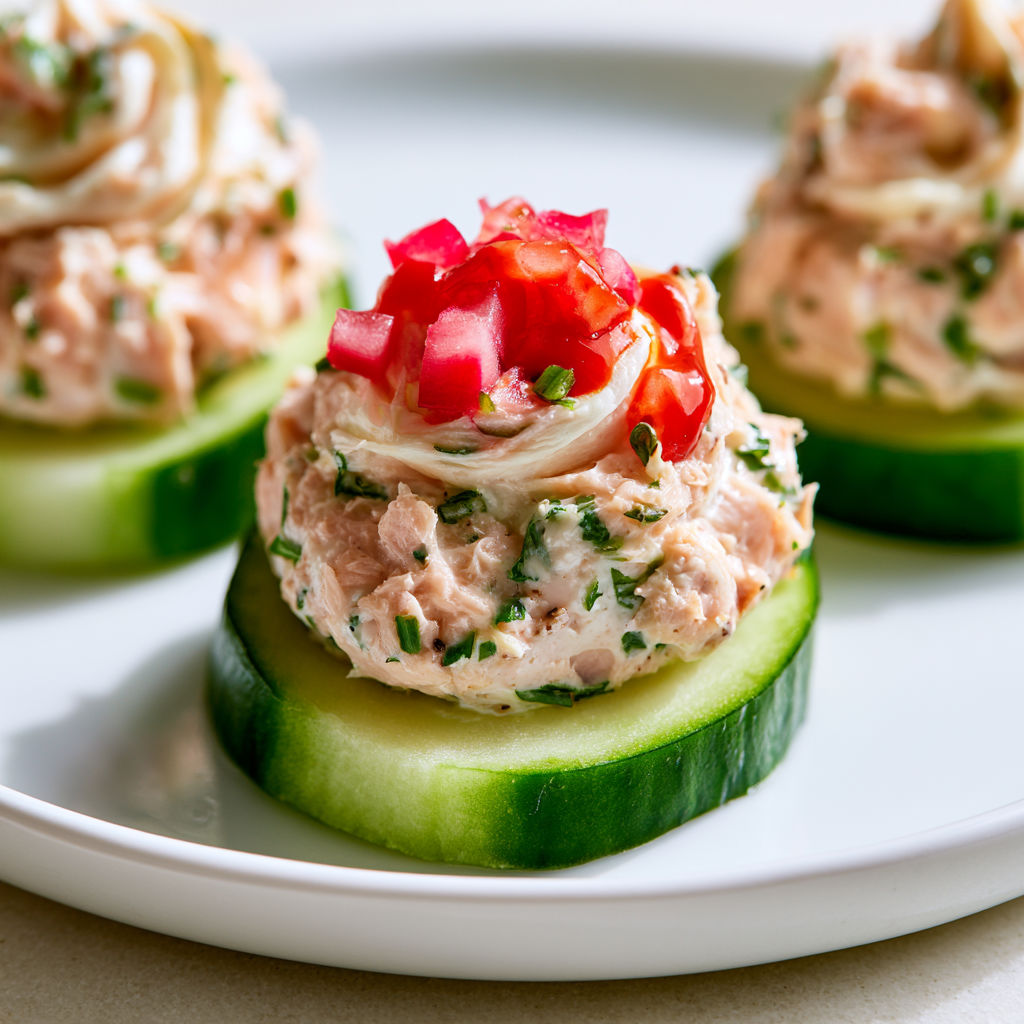 Bouchées de concombre frais au thon et fromage crémeux idéales à l'apéro.