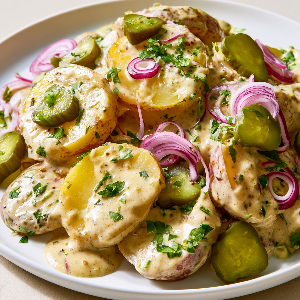 Belle salade de pommes de terre avec cornichons, aneth et moutarde ancienne.