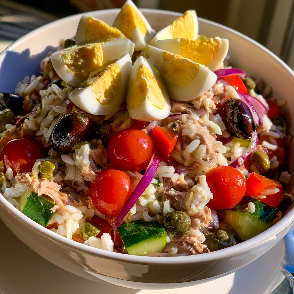 Assiette de salade niçoise traditionnelle avec œufs, riz et thon.