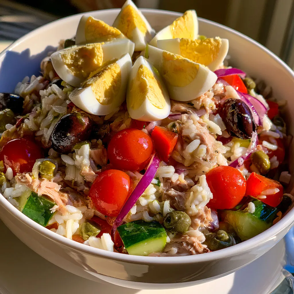 Assiette de salade niçoise traditionnelle avec œufs, riz et thon.