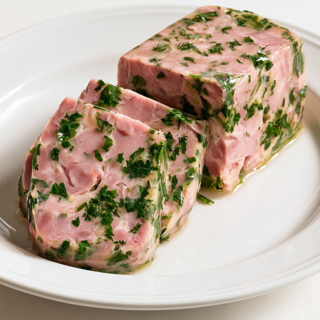 Des tranches fraîches de terrine de jambonneau moelleux rehaussées de fines herbes.