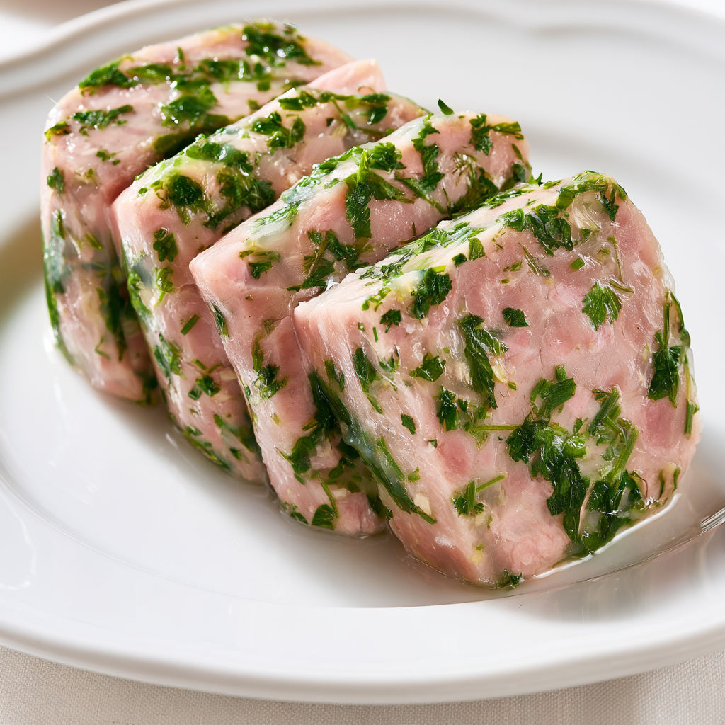 Terrine de jambonneau maison aux herbes, ultra fraîche dès qu'il fait chaud.