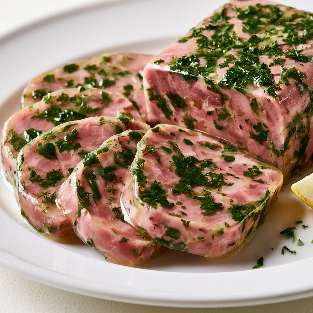 Terrine froide de jambonneau aux herbes préparée la veille, parfaite à partager en famille.