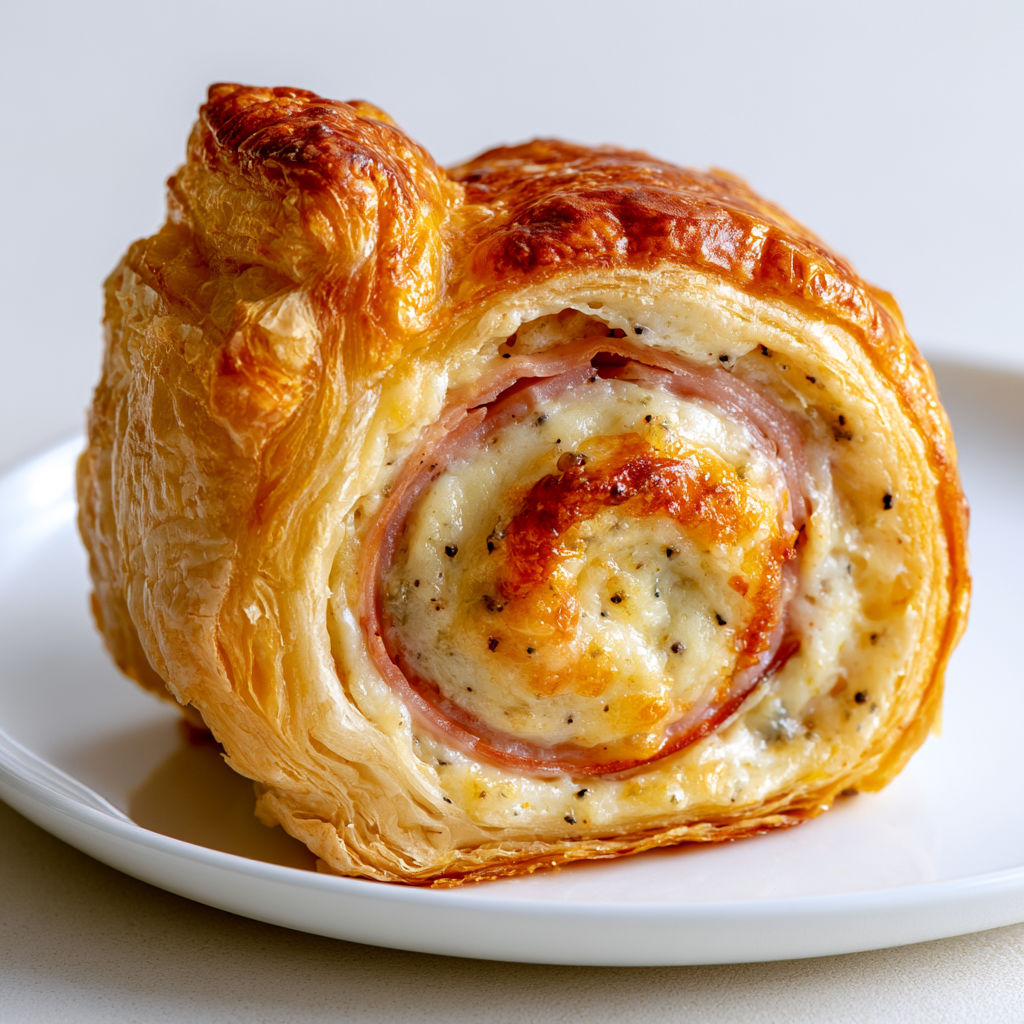 Petits roulés feuilletés au fromage coulant et jambon dorés parfaits pour l’apéritif.