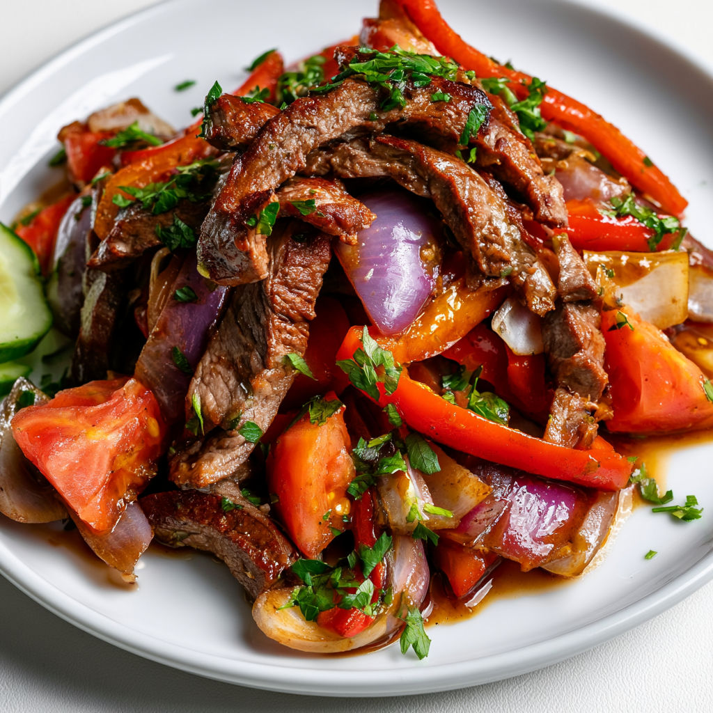 Un plat coloré de lomo saltado, garni de légumes et herbes fraîches.