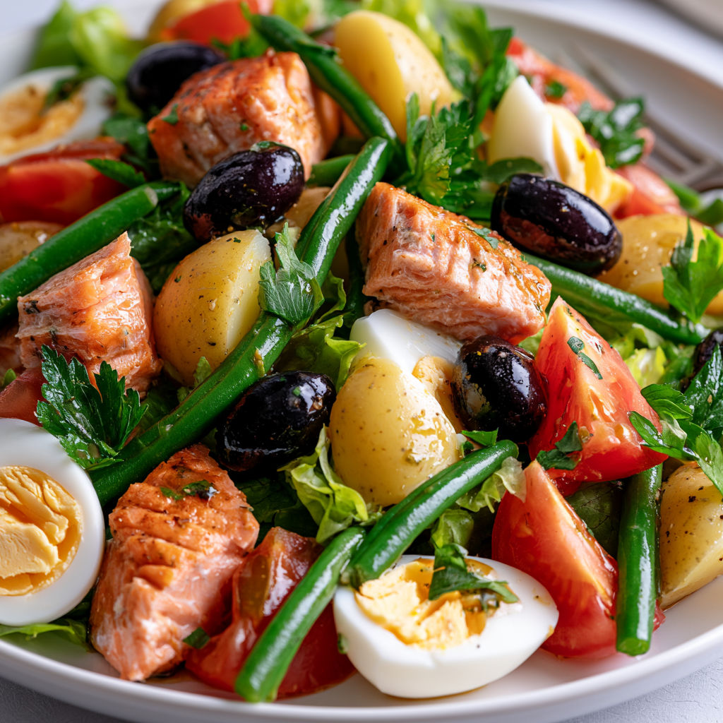 Un plat coloré de niçoise au saumon et légumes.