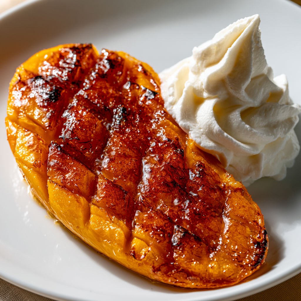Mangue caramélisée, crème vanillée, un vrai bonheur sucré.