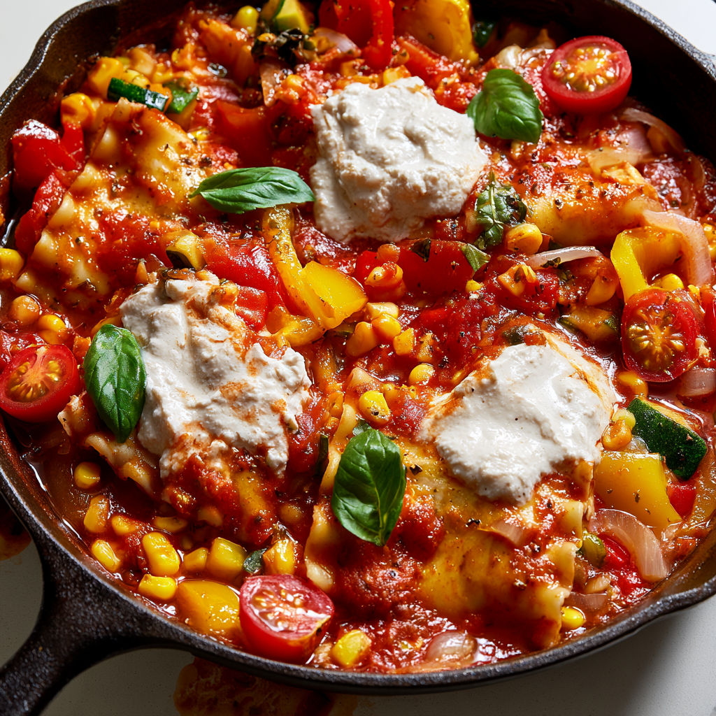 Plat estival de lasagnes aux légumes cuisinées en poêle avec crème végétale.