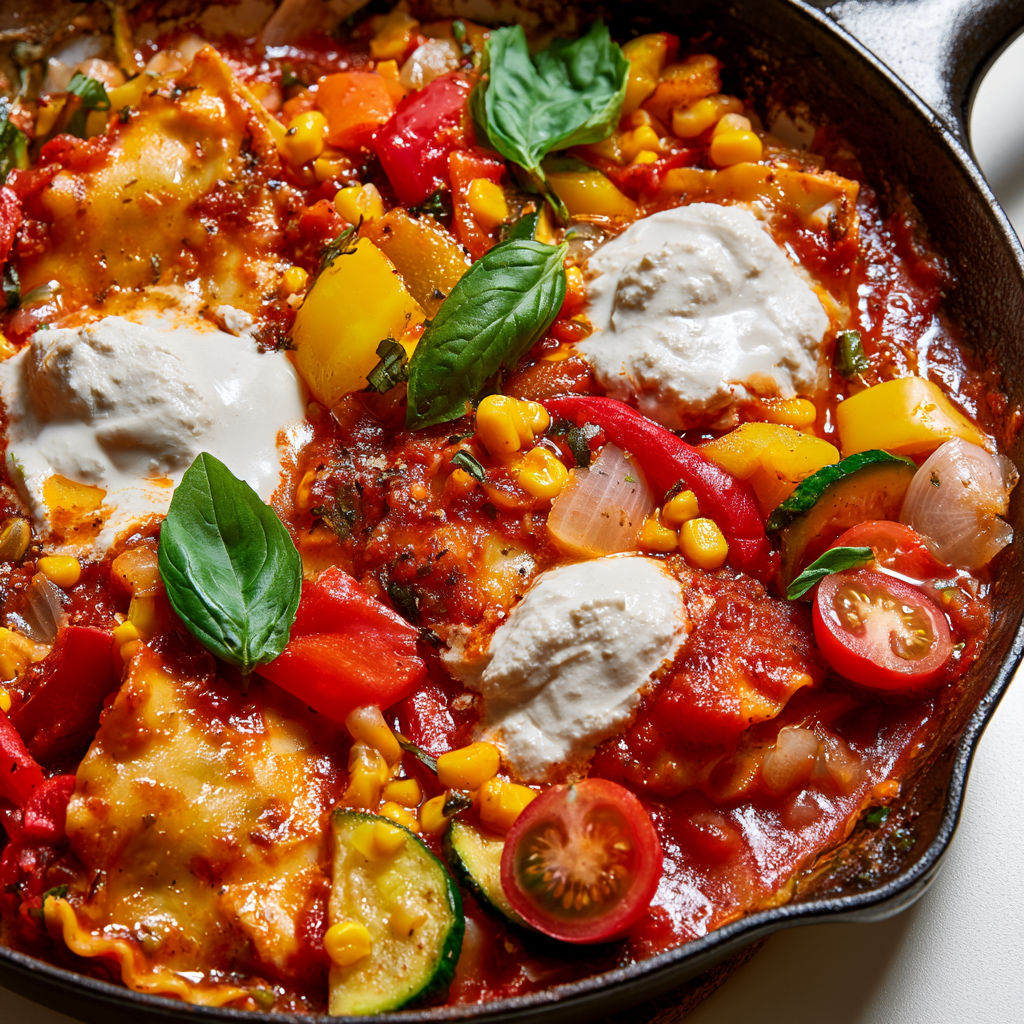 Lasagnes vegan moelleuses aux légumes du soleil à faire en une poêle.