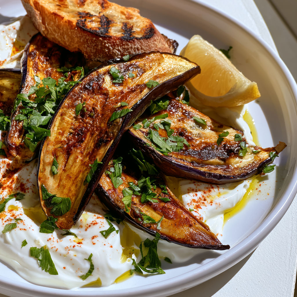 Aubergines dorées turques servies avec yaourt et citron.