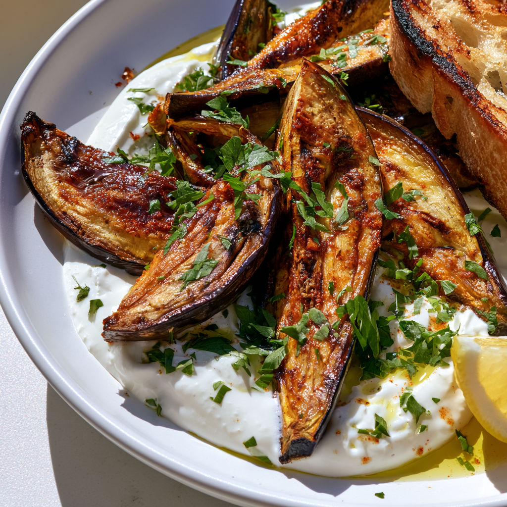 Impossible de résister à ces aubergines grillées fondantes et leur lit de yaourt à l’ail.