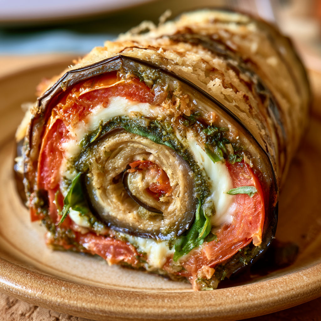 Un plat garni de rouleaux d’aubergines à l'italienne avec fromage fondu, tomates et herbes.
