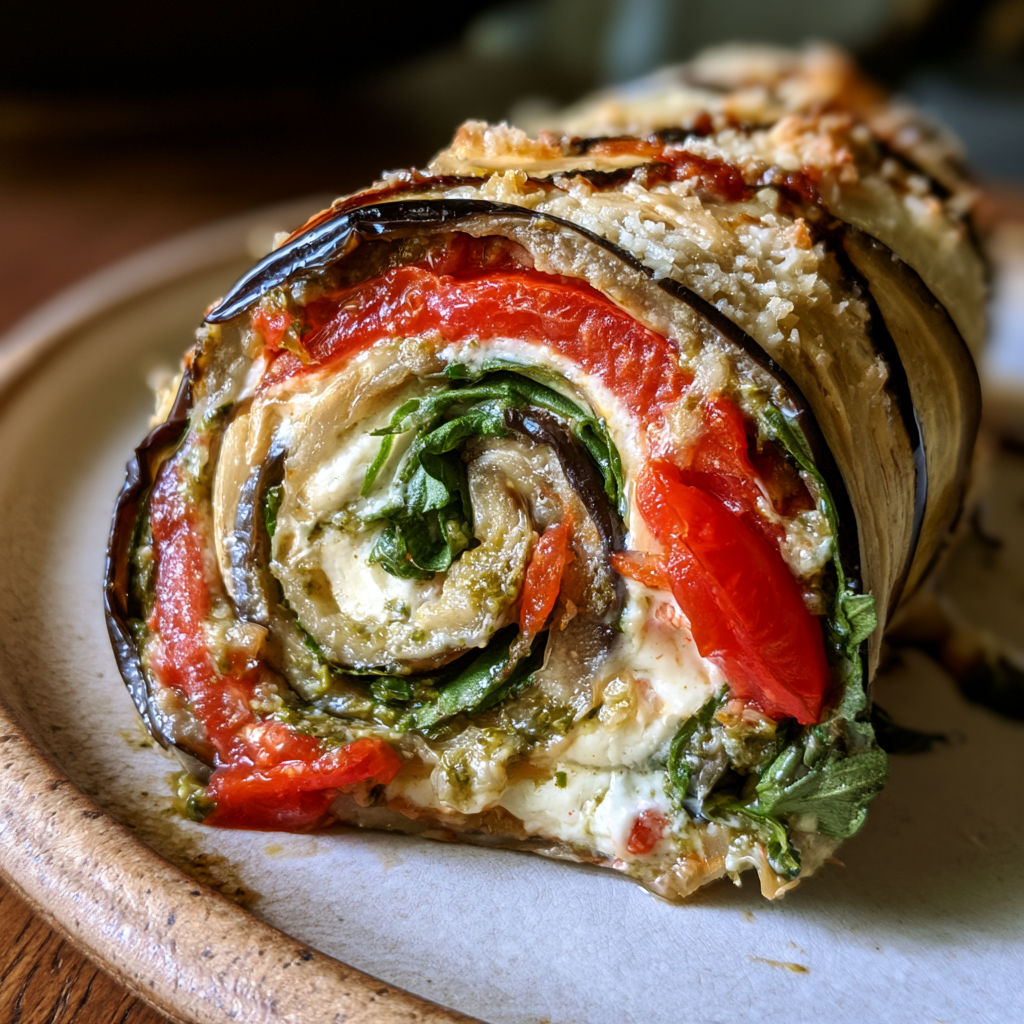 Roulés d’aubergines sauce pesto, mozzarella, tomates.