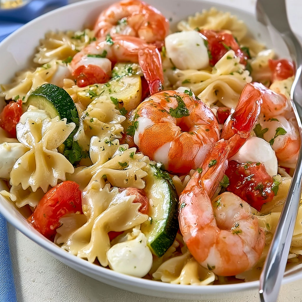 Plat de farfalle aux crevettes et légumes frais estivaux.