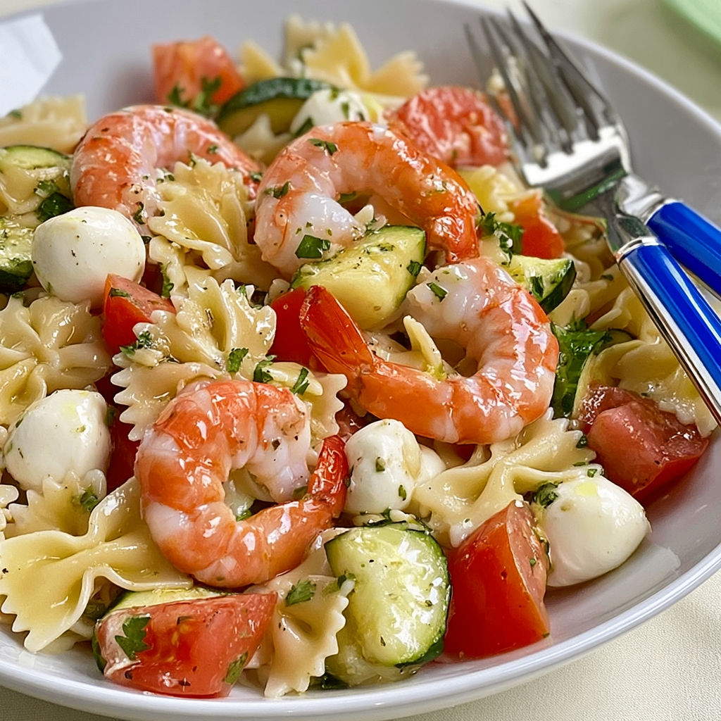 Salade fraîche crevettes farfalles mozzarella.