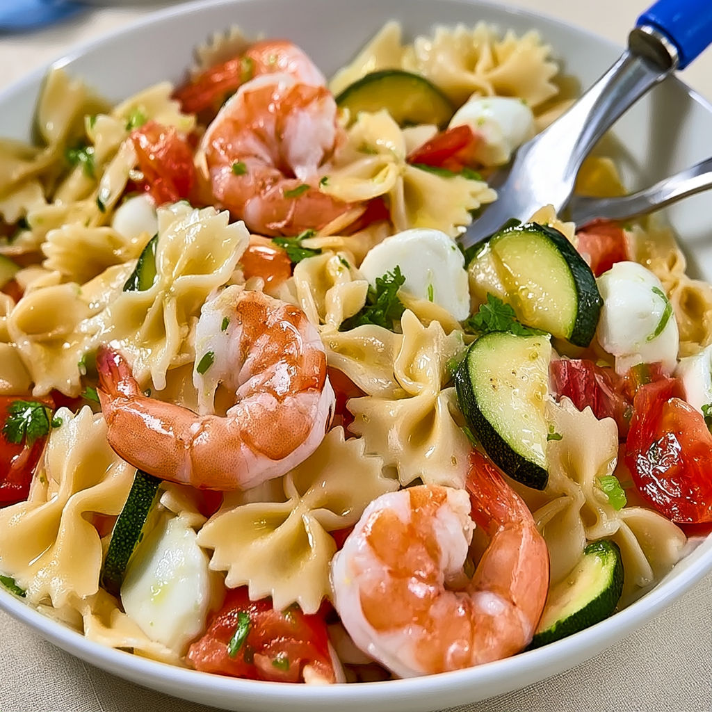 Farfalles crevettes tomates courgettes et mozza.