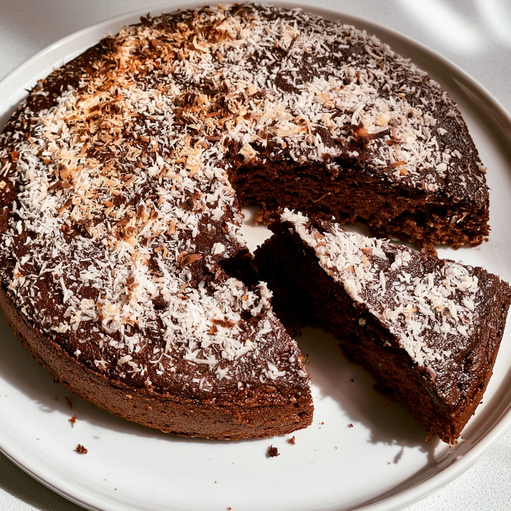 Part de gâteau choco-coco décorée de noix de coco.