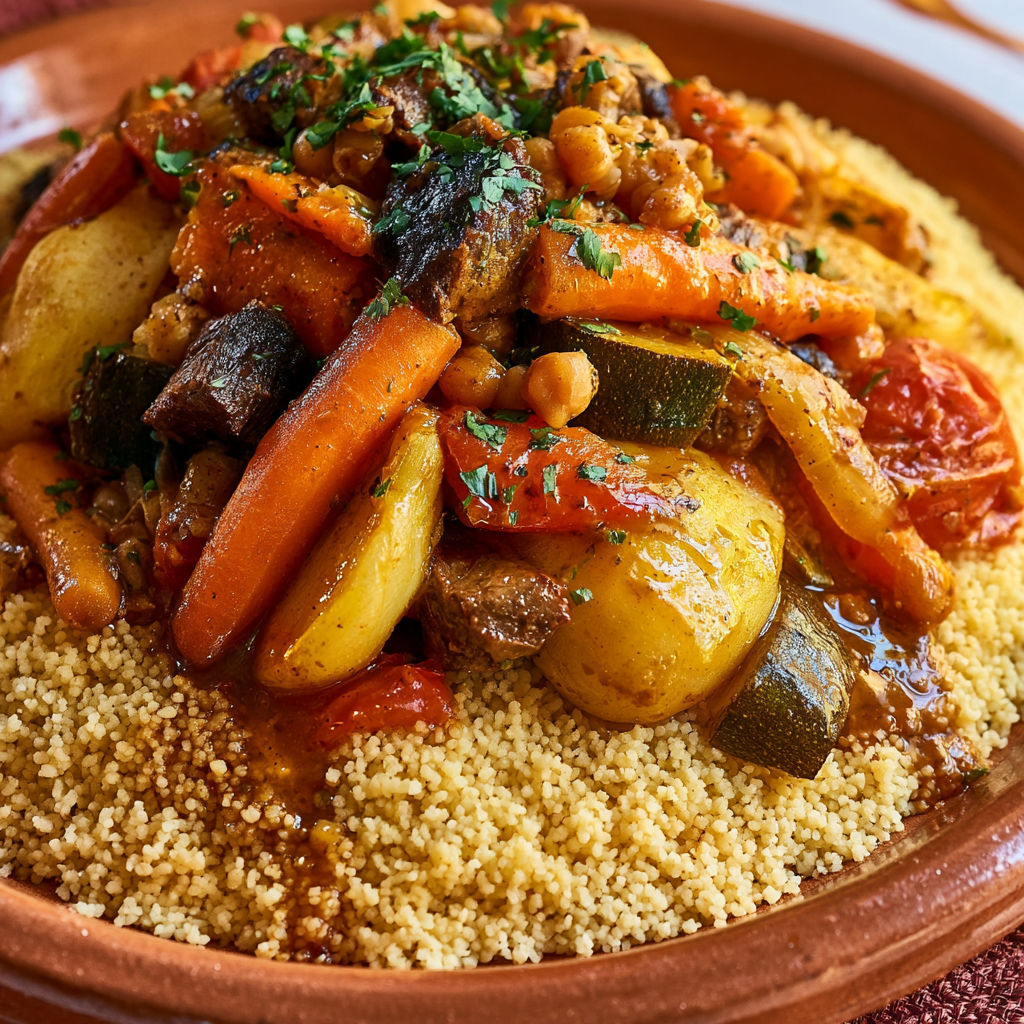 Un plat de couscous garni de légumes colorés et d'épices.