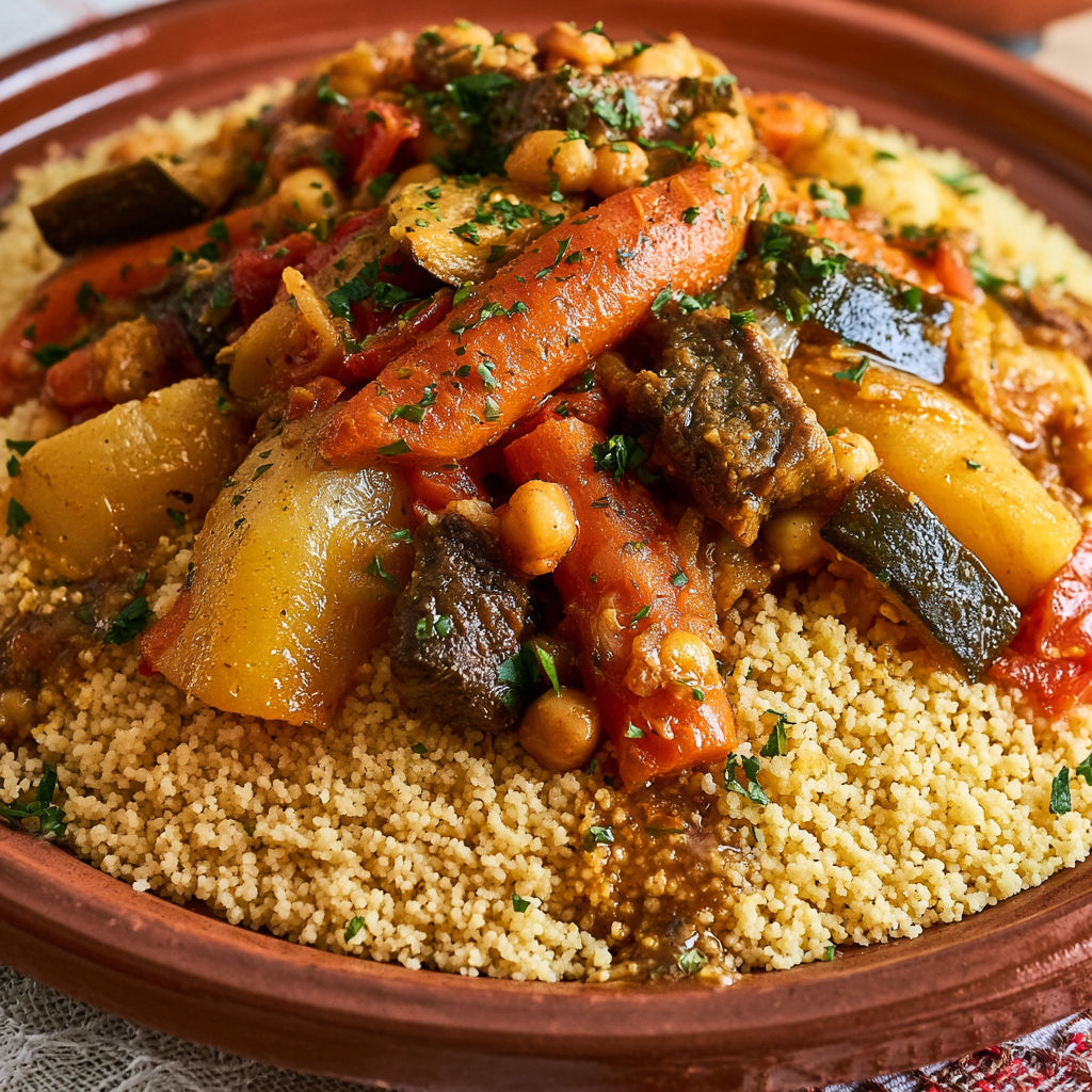 Un grand couscous avec légumes variés et bœuf fondant.