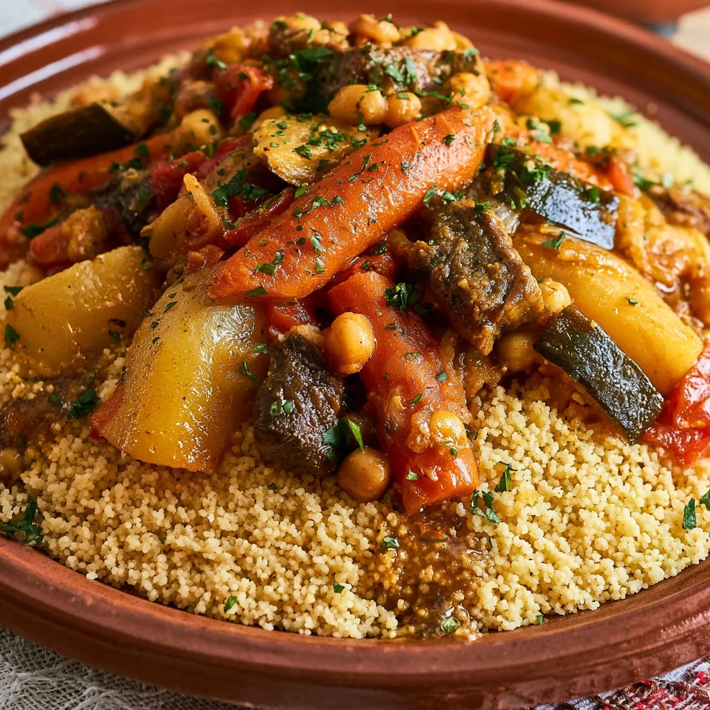 Un grand couscous avec légumes variés et bœuf fondant.