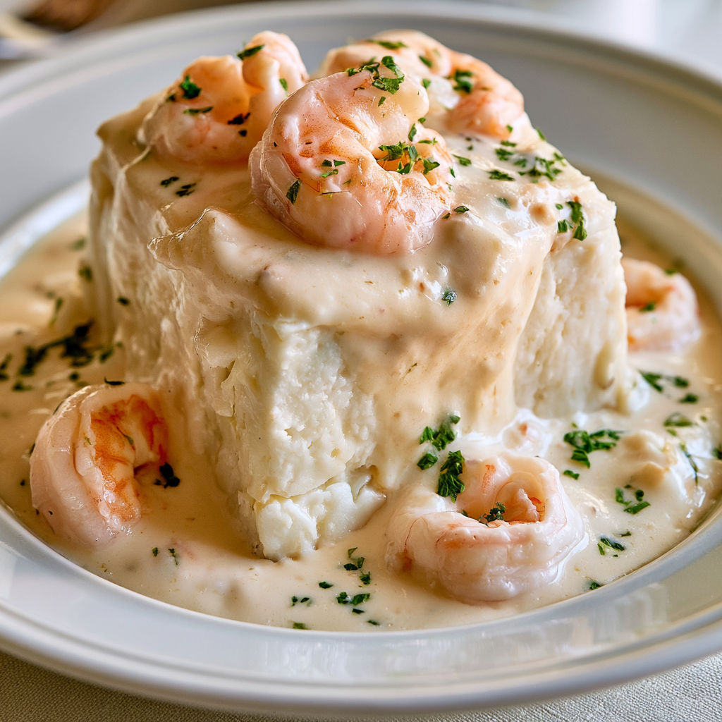 Délice de poisson blanc accompagné de crevettes et d'herbes fraîches.