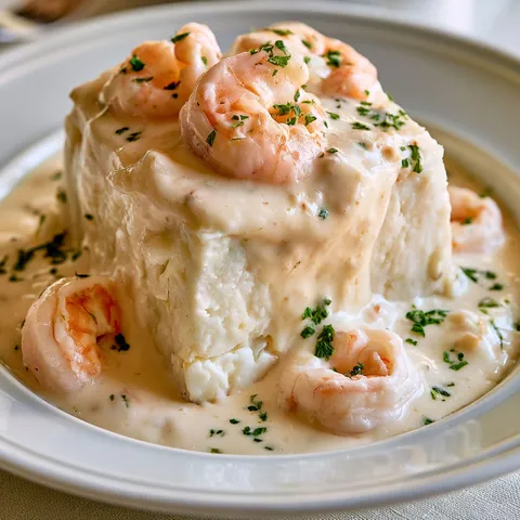 Délice de poisson blanc accompagné de crevettes et d'herbes fraîches.