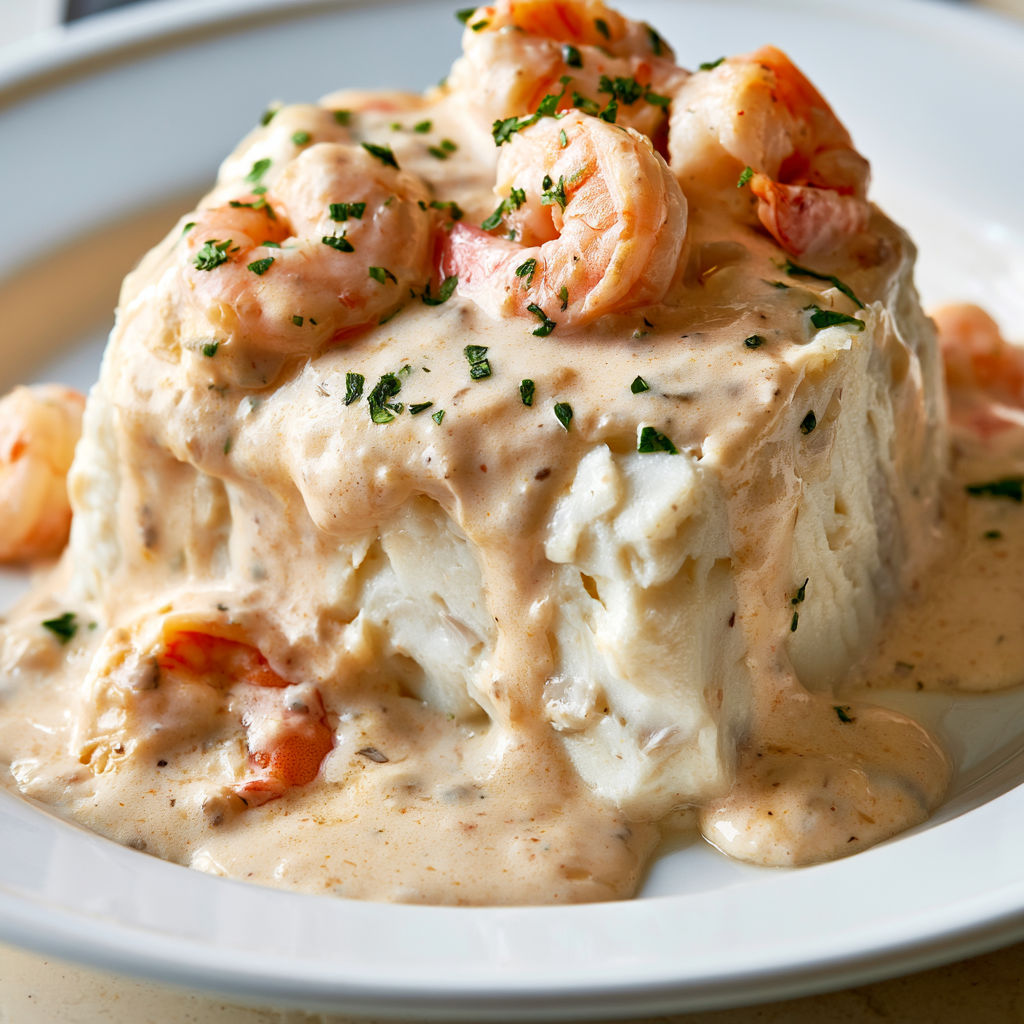 Gros plan de mousseline de poisson recouverte d’une sauce crémeuse aux crevettes.