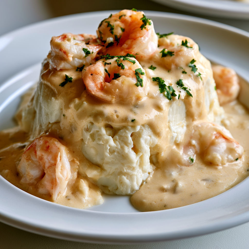 Mousseline de poisson servie avec une sauce aux crevettes bien crémeuse.