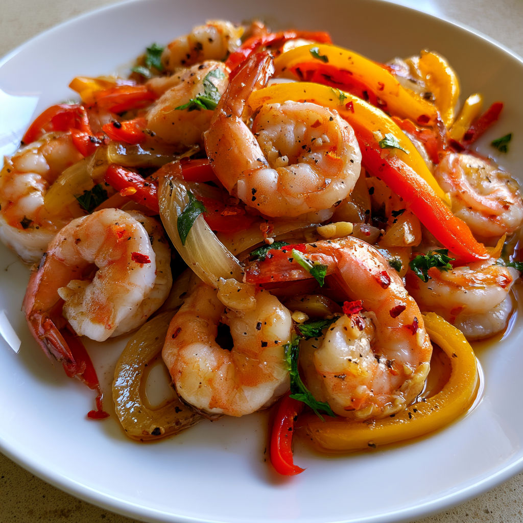 Assiette de crevettes mélangées à des poivrons colorés et des herbes fraîches.