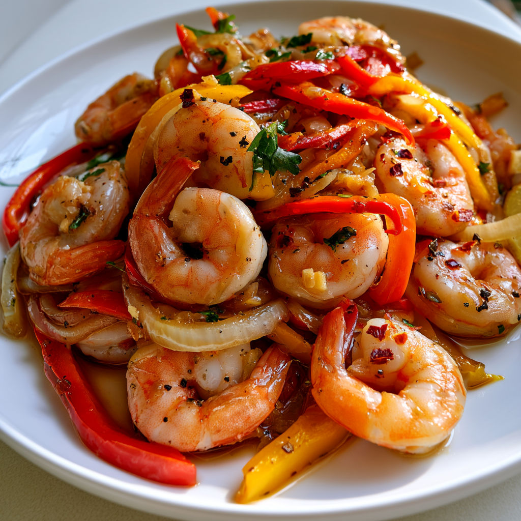 Crevettes sautées aux poivrons prêtes en un rien de temps.