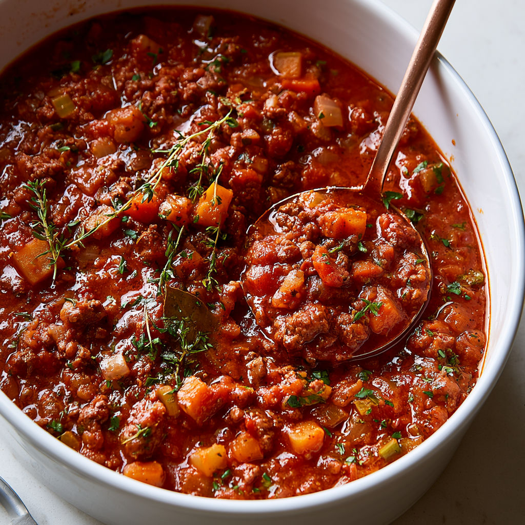 Bolognaise mijotée aux tomates et plein de légumes.