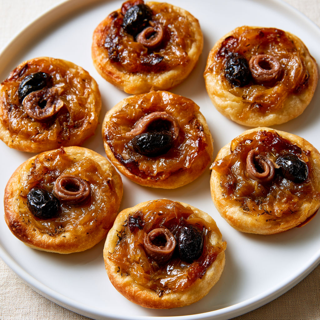 Mini-pissaladières avec oignons fondants et anchois.