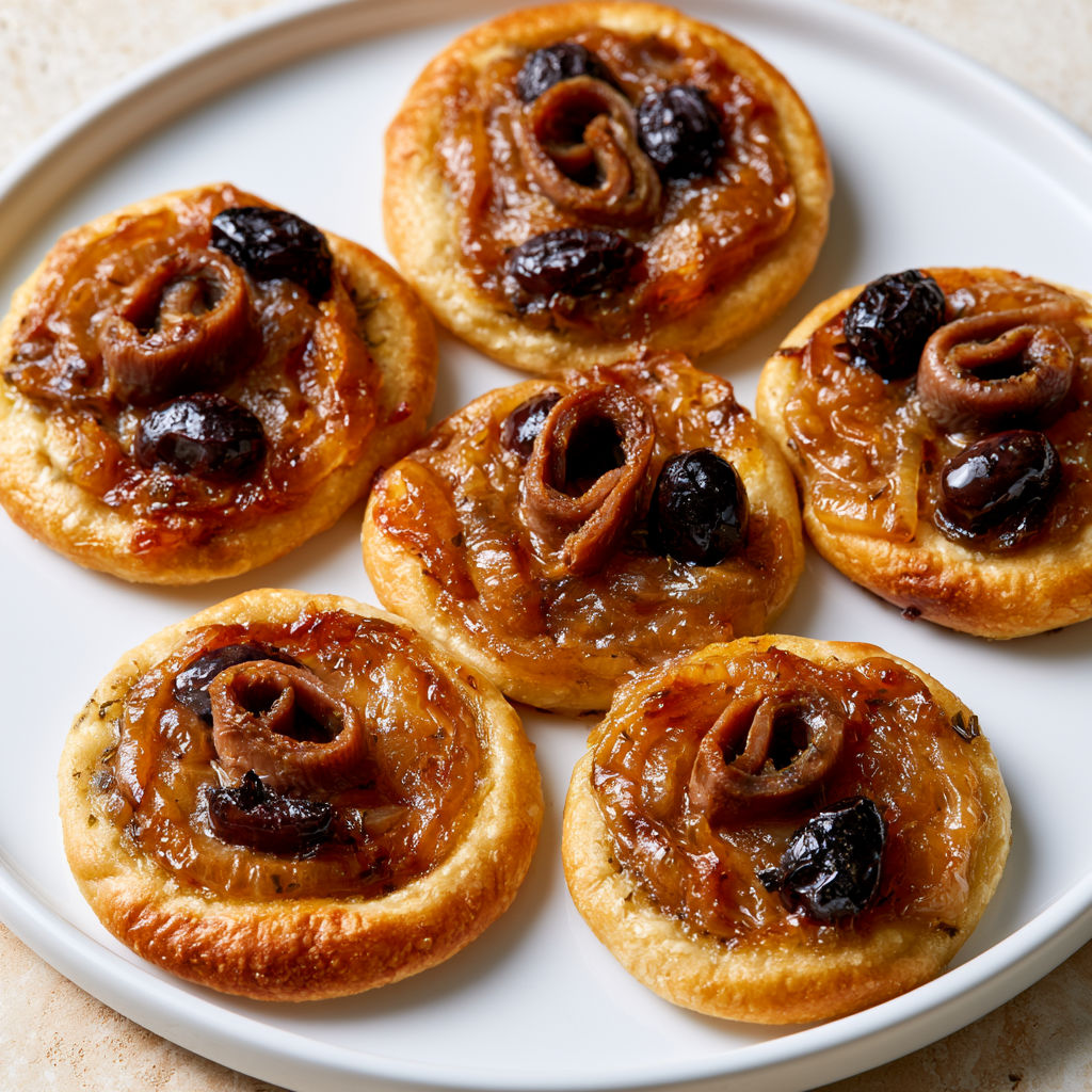 Petites pissaladières provençales aux anchois et olives noires.