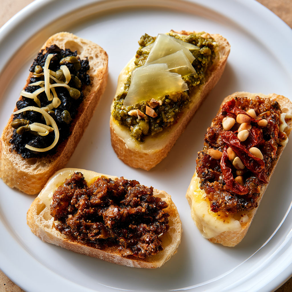 Tartines estivales avec tapenade et fromage fondant.