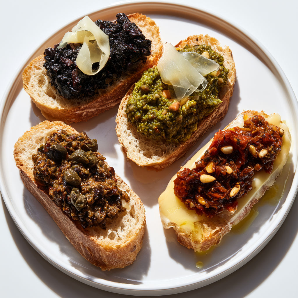 Tartines croquantes aux trois tapenades et fromage fondant.