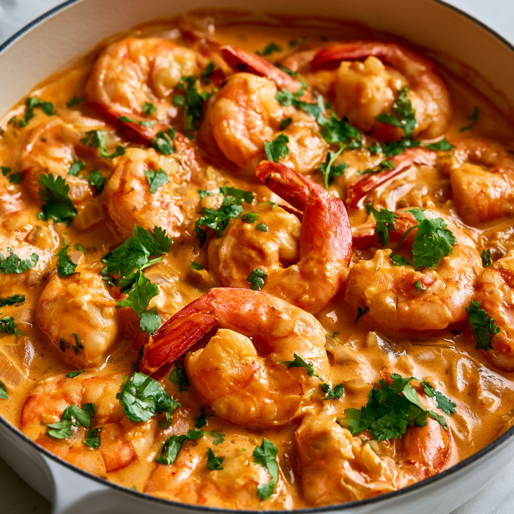 Un plat de crevettes tendre cuisiné au lait de coco et curry avec un airfryer.