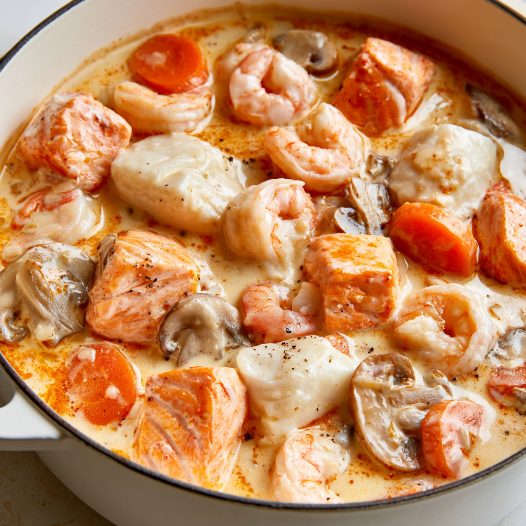 Délicieux plat crémeux au saumon, cabillaud et crevettes.