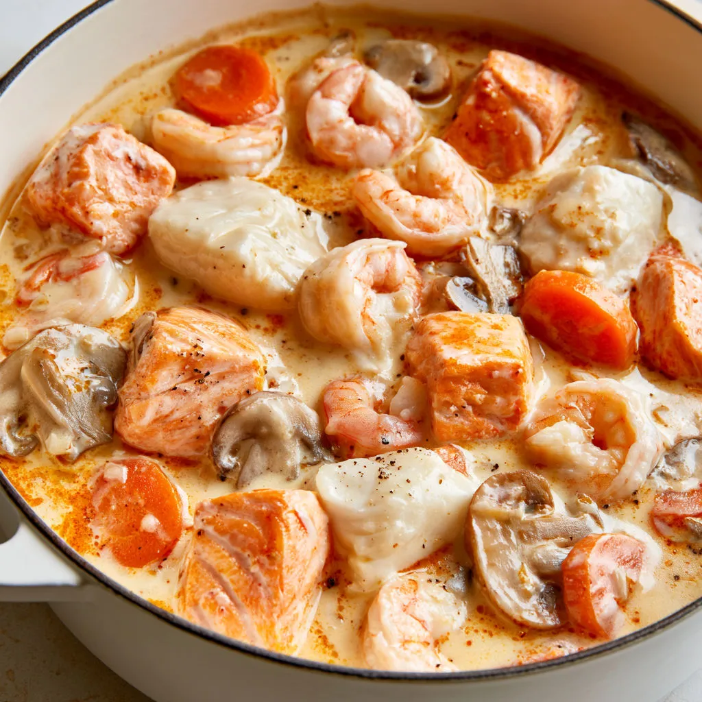 Délicieux plat crémeux au saumon, cabillaud et crevettes.