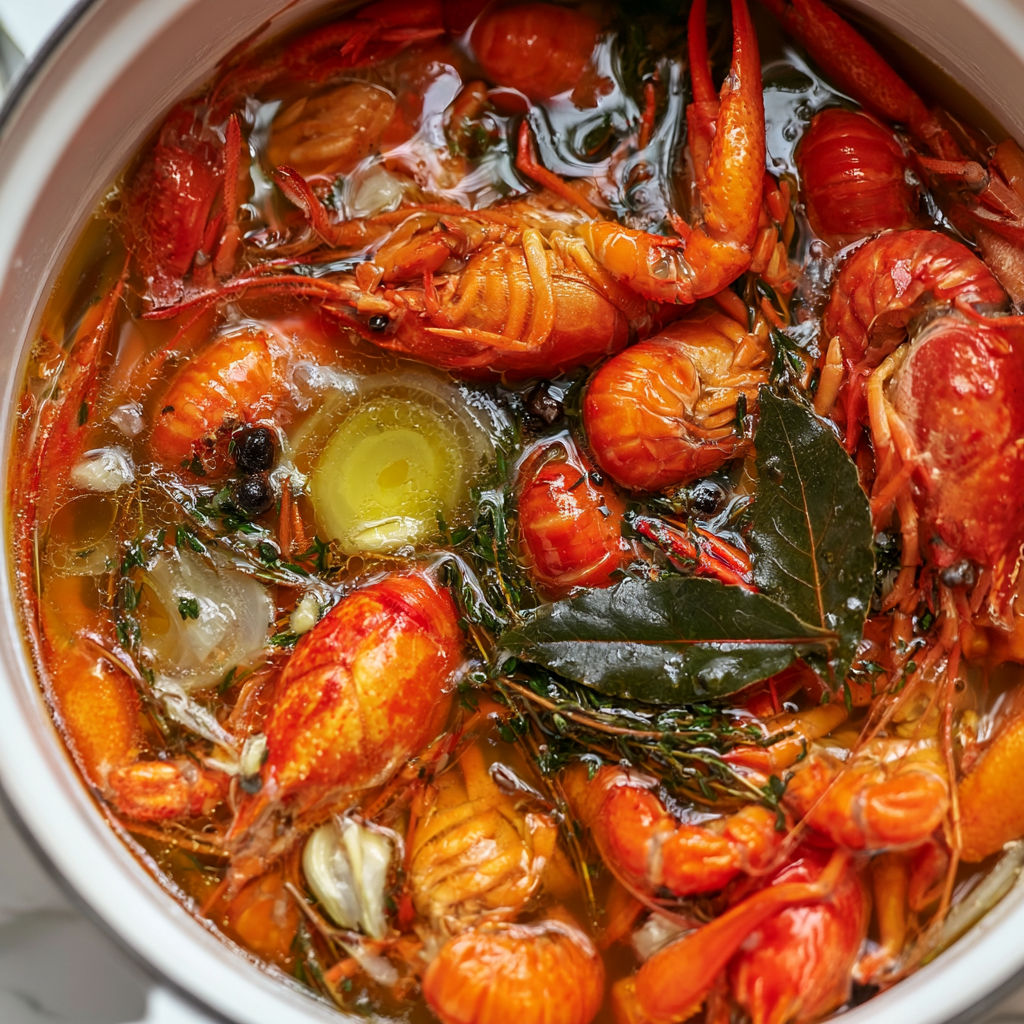 Écrevisses dans un bouillon d’herbes gourmand.