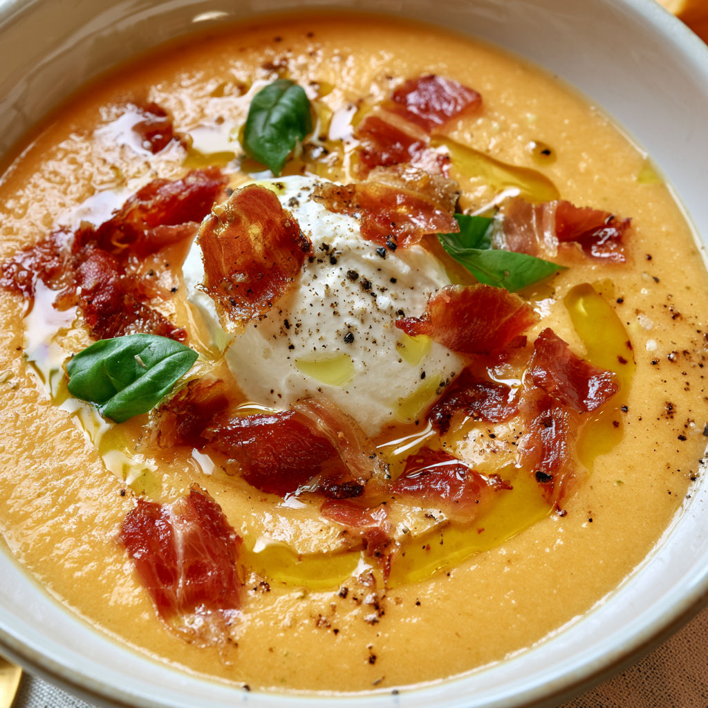 Bol de melon et concombre avec touche de crème fouettée et tranches de prosciutto doré.