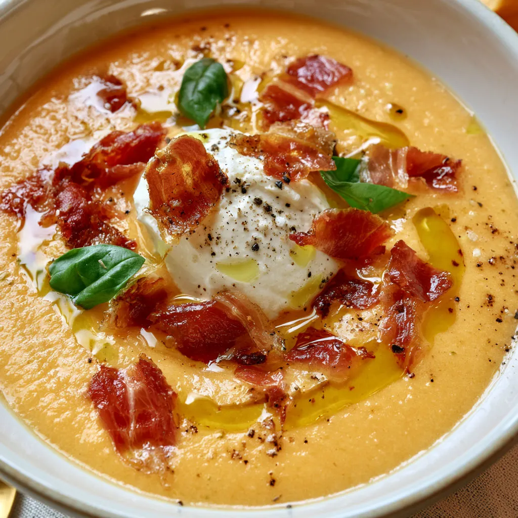 Bol de melon et concombre avec touche de crème fouettée et tranches de prosciutto doré.