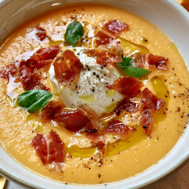 Bol de melon et concombre avec touche de crème fouettée et tranches de prosciutto doré.