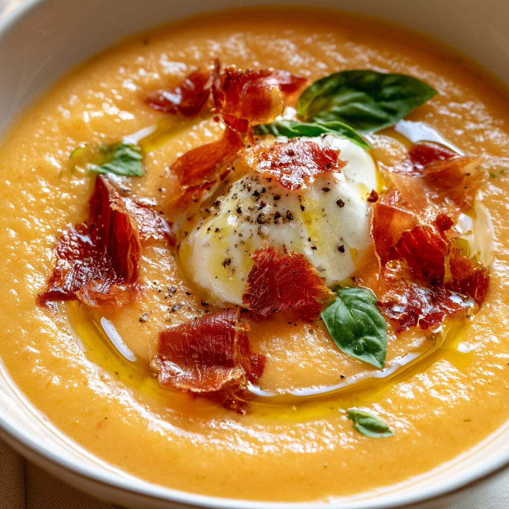 Soupe froide de melon bien fraîche avec jambon sec croustillant et nuage de crème.