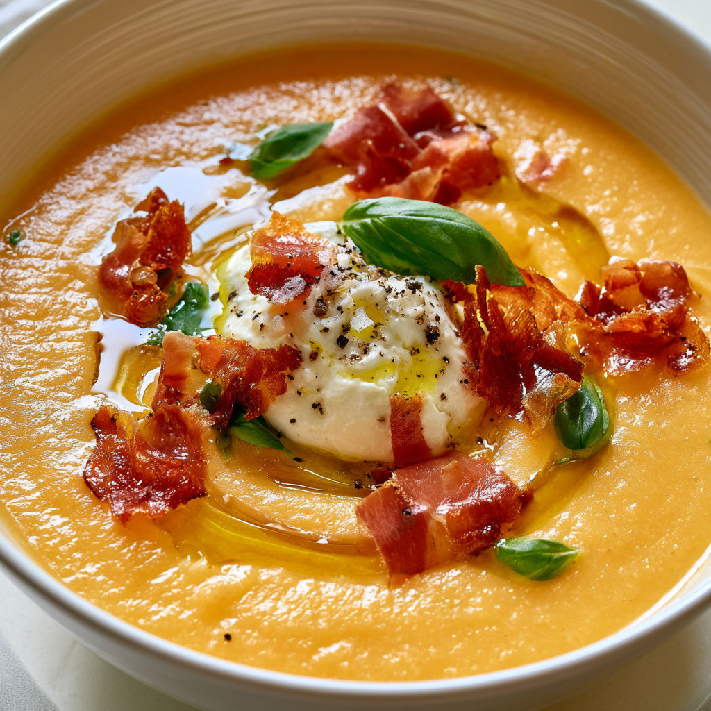Soupe froide de melon, basilic, crème légère et éclats de jambon sec croustillant.