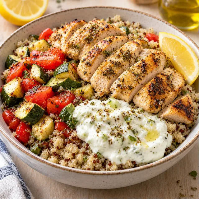 Bol poulet quinoa méditerranéen