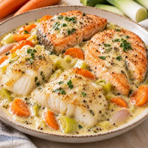 Deux poissons et sauce veloutée