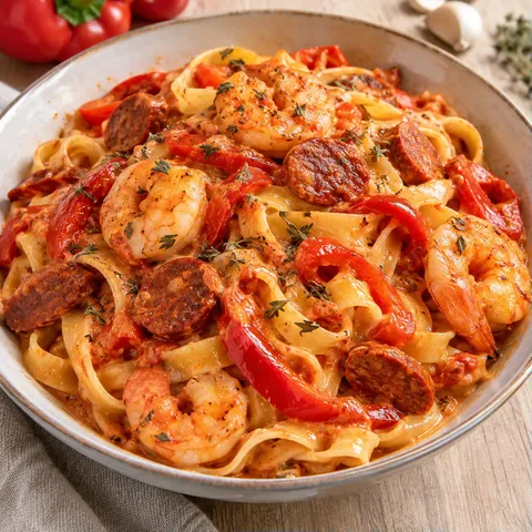 Pâtes Chorizo Poivron Crevettes