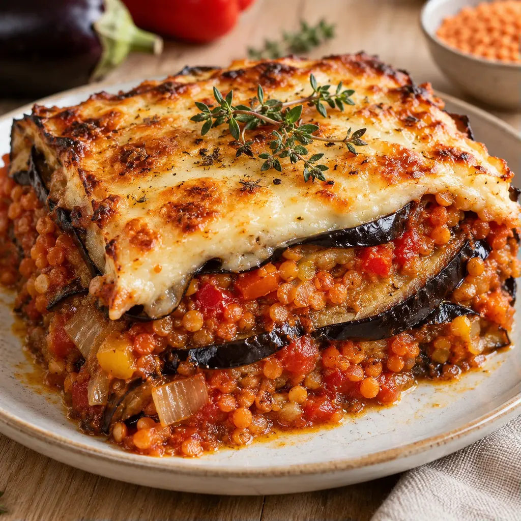 Moussaka aux aubergines et lentilles